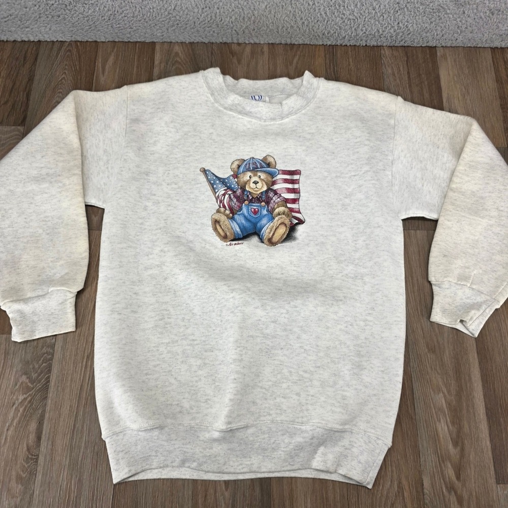 Vintage Wons Wear USA Teddy Bear Graphic Sweatshirt Gray M Made in USA Air Waves
